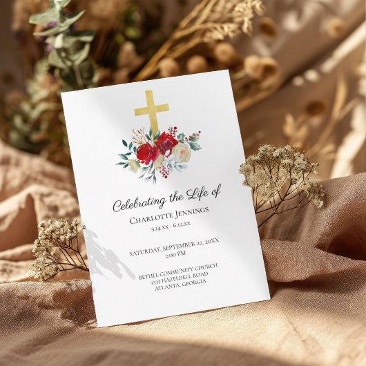 Rode Bloemen Begrafenis Viering van het leven Programmakaart