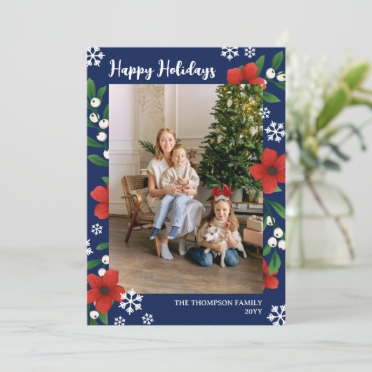 Rode Bloemen Bessen Sneeuwvlokken Prettige Feestda Feestdagenkaart (Staand voorkant)