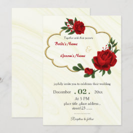 Rode Bloemen Bladergroen Gouden Krans Bruiloft Kaart