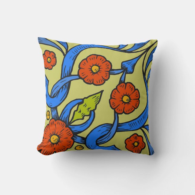 Rode bloemen blauwe linten kussen (Voorkant)