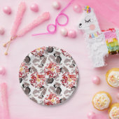 Rode bloemen, bloem, retro, rood en wit papieren bordje (Feest)