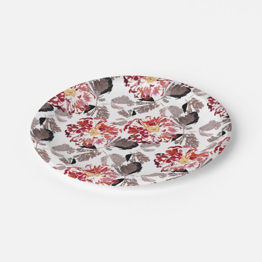 Rode bloemen, bloem, retro, rood en wit papieren bordje (Gekanteld)