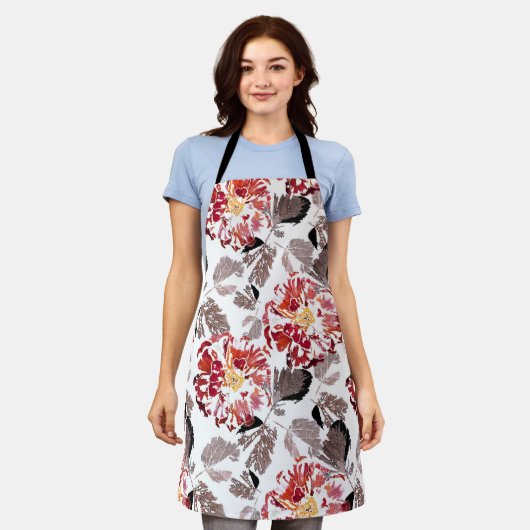 Rode bloemen, bloemrijk, retro, rood en wit schort (Gedragen)