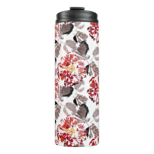 Rode bloemen, bloemrijk, retro, rood en wit thermosbeker