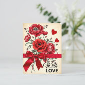 Rode bloemen boeket met harten en lint briefkaart (Staand voorkant)