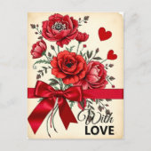 Rode bloemen boeket met harten en lint briefkaart (Voorkant)