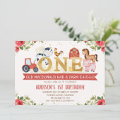 Rode Bloemen Boerderij Dieren Eerste Verjaardag Ui Kaart (Staand voorkant)