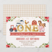 Rode Bloemen Boerderij Dieren Eerste Verjaardag Ui Kaart (Voorkant / Achterkant)