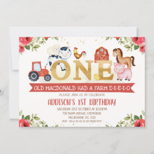 Rode Bloemen Boerderij Dieren Eerste Verjaardag Ui Kaart