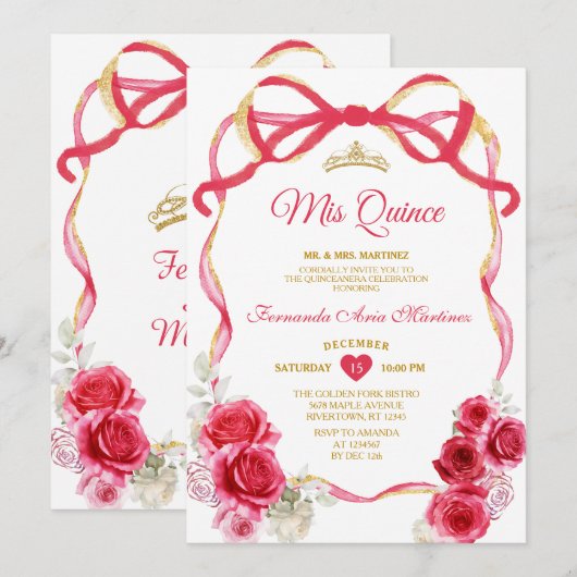 Rode Bloemen Boog Ribbon Gouden Kroon Meisje Mis Q Kaart (Voorkant / Achterkant)