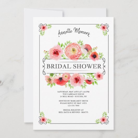 Rode Bloemen Bruids Douche Uitnodiging (Voorkant)