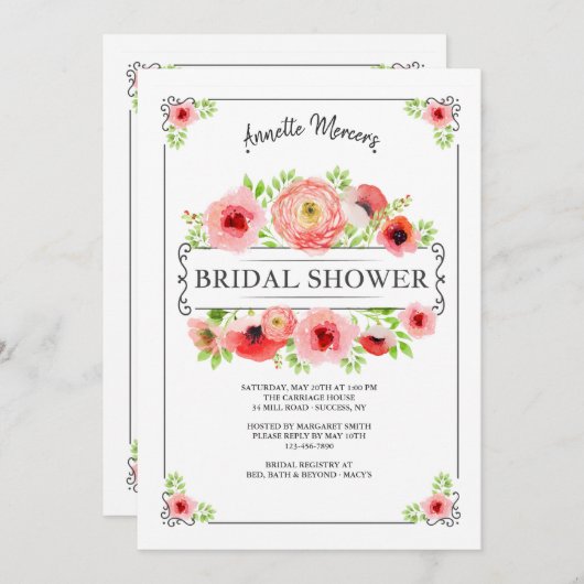 Rode Bloemen Bruids Douche Uitnodiging (Voorkant / Achterkant)