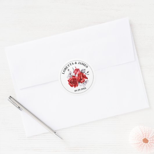 Rode bloemen bruiloft ronde sticker (Envelop)