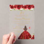 Rode Bloemen Brunette Haar Prinses Verjaardagsfees Acryl Uitnodigingen (Insitu (Draagbaar))