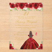 Rode Bloemen Brunette Haar Prinses Verjaardagsfees Acryl Uitnodigingen (Voorkant)