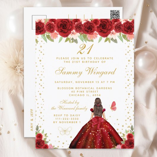 Rode Bloemen Brunette Haar Prinses Verjaardagsfees Briefkaart