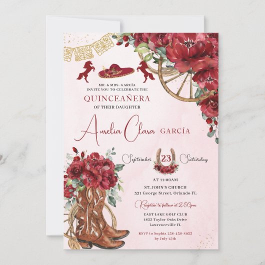 Rode Bloemen Charro Hoefijzers laarzen Quinceañera Kaart (Voorkant)