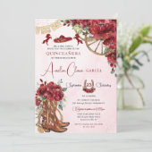Rode Bloemen Charro Hoefijzers laarzen Quinceañera Kaart (Staand voorkant)