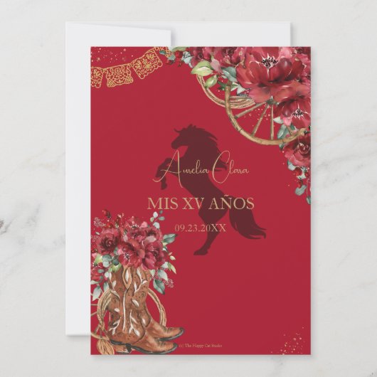 Rode Bloemen Charro Hoefijzers laarzen Quinceañera Kaart (Achterkant)