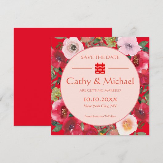 Rode bloemen Chinese bruiloft Save The Date (Voorkant / Achterkant)