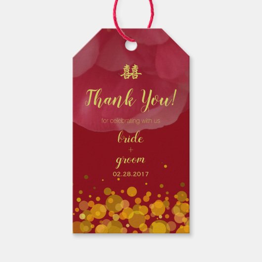 Rode Bloemen Confetti Chinees Bruiloft Dank u Cadeaulabel (Voorkant)