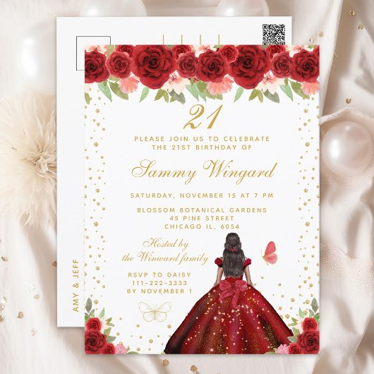 Rode Bloemen Donkere Huid Prinses Verjaardagsfeest Briefkaart