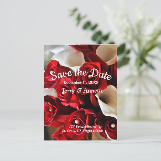 Rode Bloemen Elegante Bloemen Save the Date Bruilo Briefkaart (Staand voorkant)