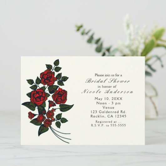Rode bloemen Elegante bruids douche uitnodigingen (Staand voorkant)