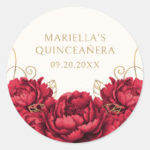 Rode Bloemen Elegante Quinceanera Ronde Sticker (Voorkant)