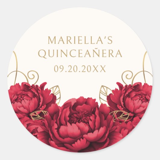 Rode Bloemen Elegante Quinceanera Ronde Sticker (Voorkant)