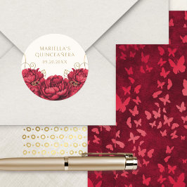 Rode Bloemen Elegante Quinceanera Ronde Sticker
