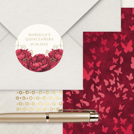 Rode Bloemen Elegante Quinceanera Ronde Sticker