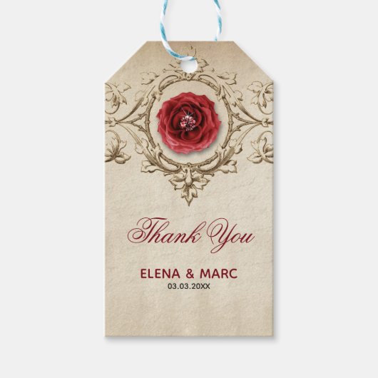 Rode bloemen en beige Ornament Cadeaulabel (Voorkant)