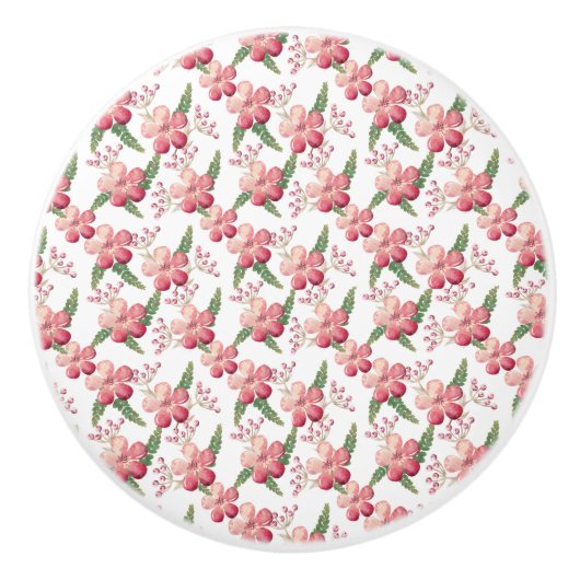 Rode bloemen en bessen met groene bladeren keramische knop (Voorkant)