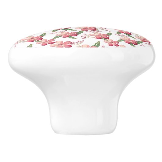 Rode bloemen en bessen met groene bladeren keramische knop (Zijkant)