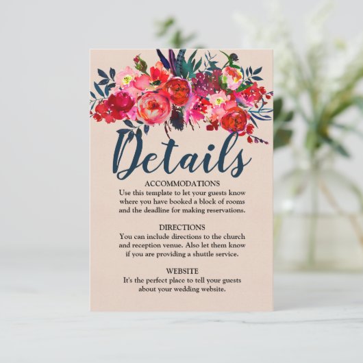 Rode Bloemen En Boho Veer Trouwdetails Kaart (Staand voorkant)