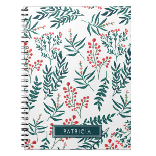 Rode bloemen en groene bladeren gepersonaliseerd notitieboek