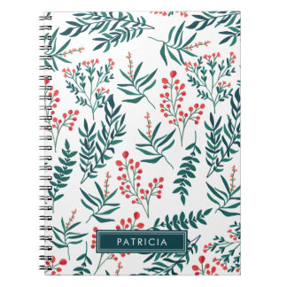 Rode bloemen en groene bladeren gepersonaliseerd notitieboek