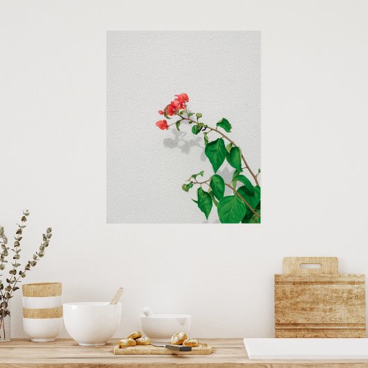 Rode bloemen en groene bladeren minimalistische bo poster (Keuken)