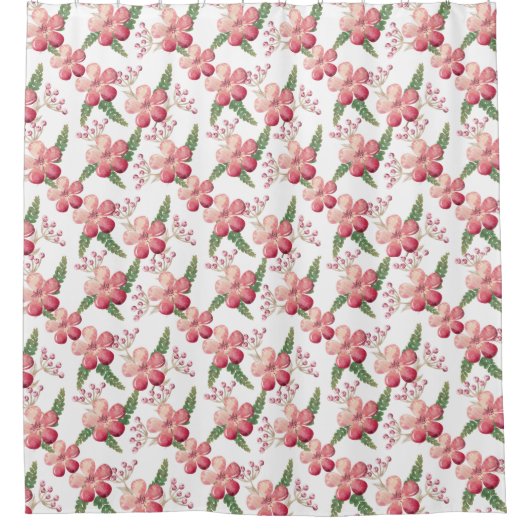 Rode bloemen en rode bessen met groene bladeren douchegordijn (Voorkant)