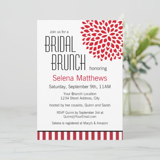 Rode Bloemen en Stripes Moderne Bruids Brunch Kaart (Staand voorkant)