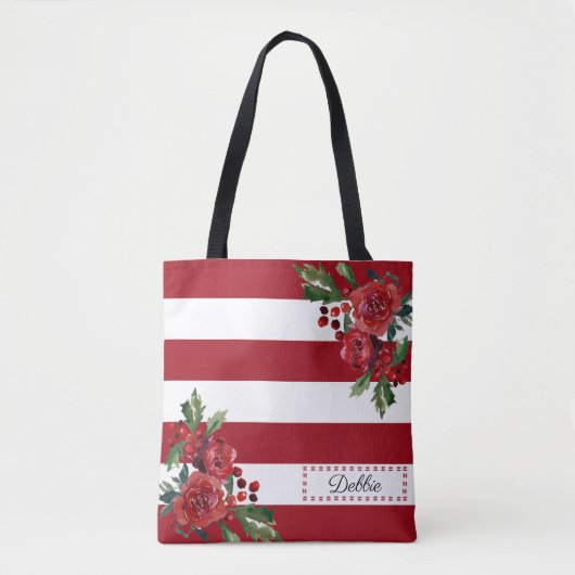 rode bloemen en strips-Canvas tas (Voorkant)