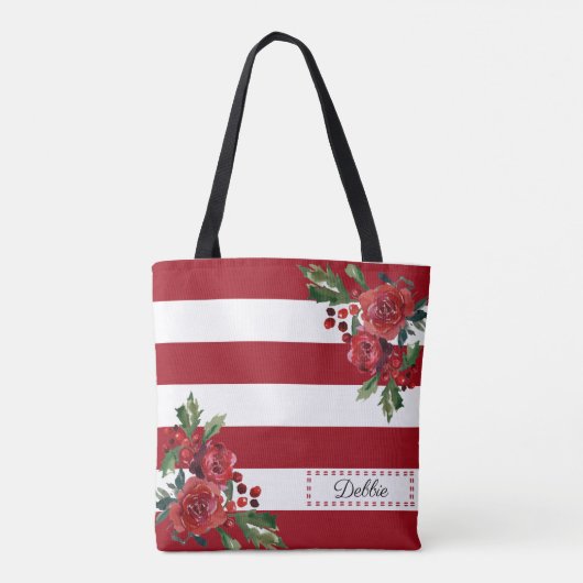 rode bloemen en strips-Canvas tas (Achterkant)