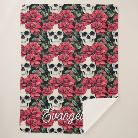Rode bloemen en Waterverf van Skulls Sherpa Deken (Voorkant)