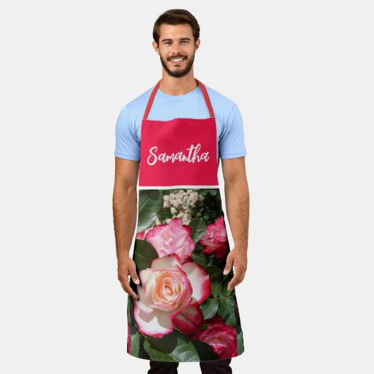 Rode Bloemen en Witte Rozen Roos Vrouwen Keuken Schort (Gedragen)