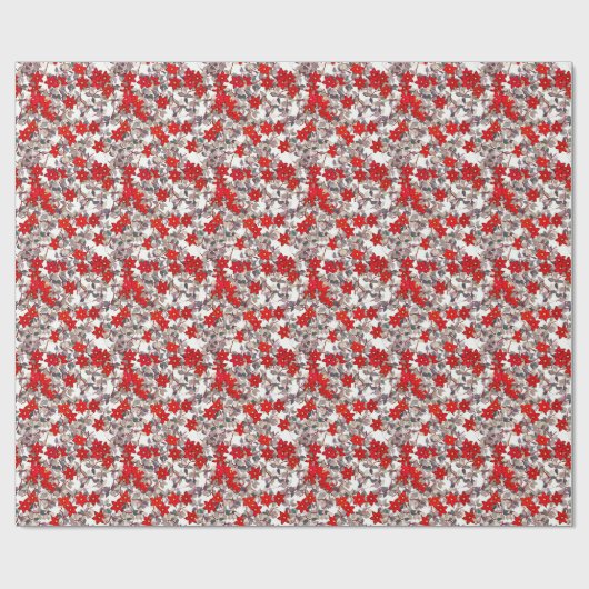 Rode bloemen en zilvergrijze bladeren cadeaupapier (Vlak)