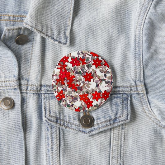 Rode bloemen en zilvergrijze bladeren ronde button 7,6 cm (In situ)