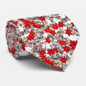 Rode bloemen en zilvergrijze bladeren stropdas (Opgerold)
