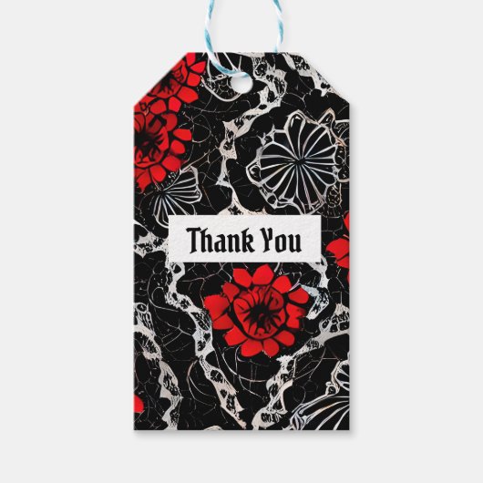 Rode bloemen en zwarte kant, naadloos patroonpatro cadeaulabel (Voorkant)