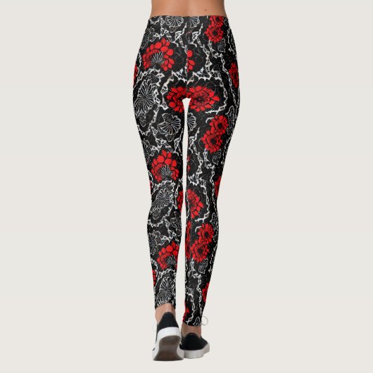 Rode bloemen en zwarte kant, naadloos patroonpatro leggings (Achterkant)